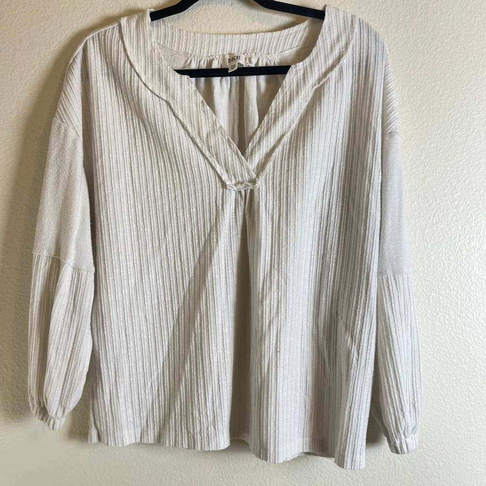 BKE Womens XS Off White Ribbed V-Neck Balloon Sleeve Boho‎ Blouse K6385K569B